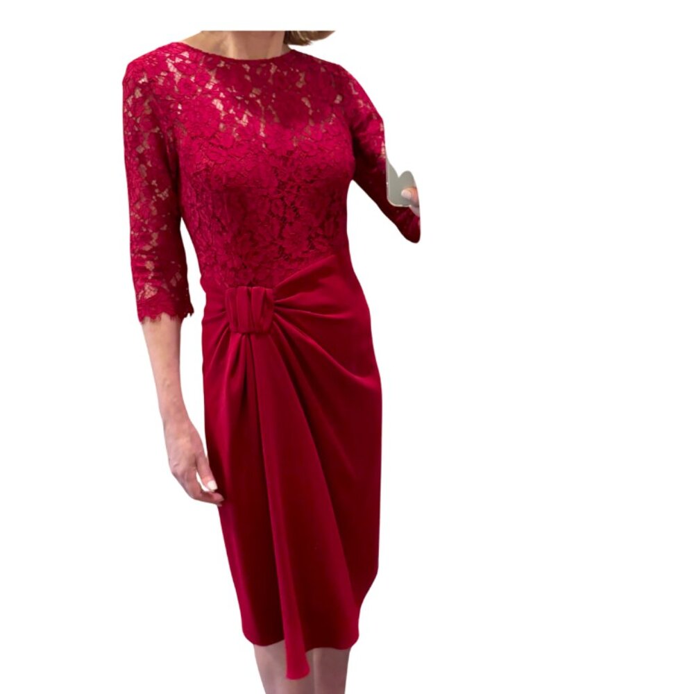 Rickie Freeman for Teri Jon Red Lace & Crepe Cocktail Party dress, 3/4 Slv, Sz 6